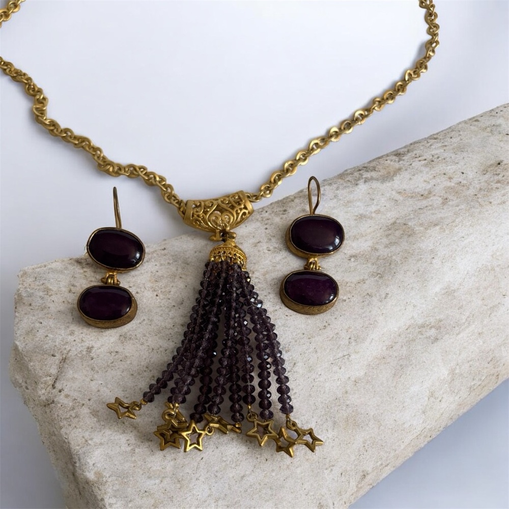 Hand made Gold & purple Tassel Necklace & earrings